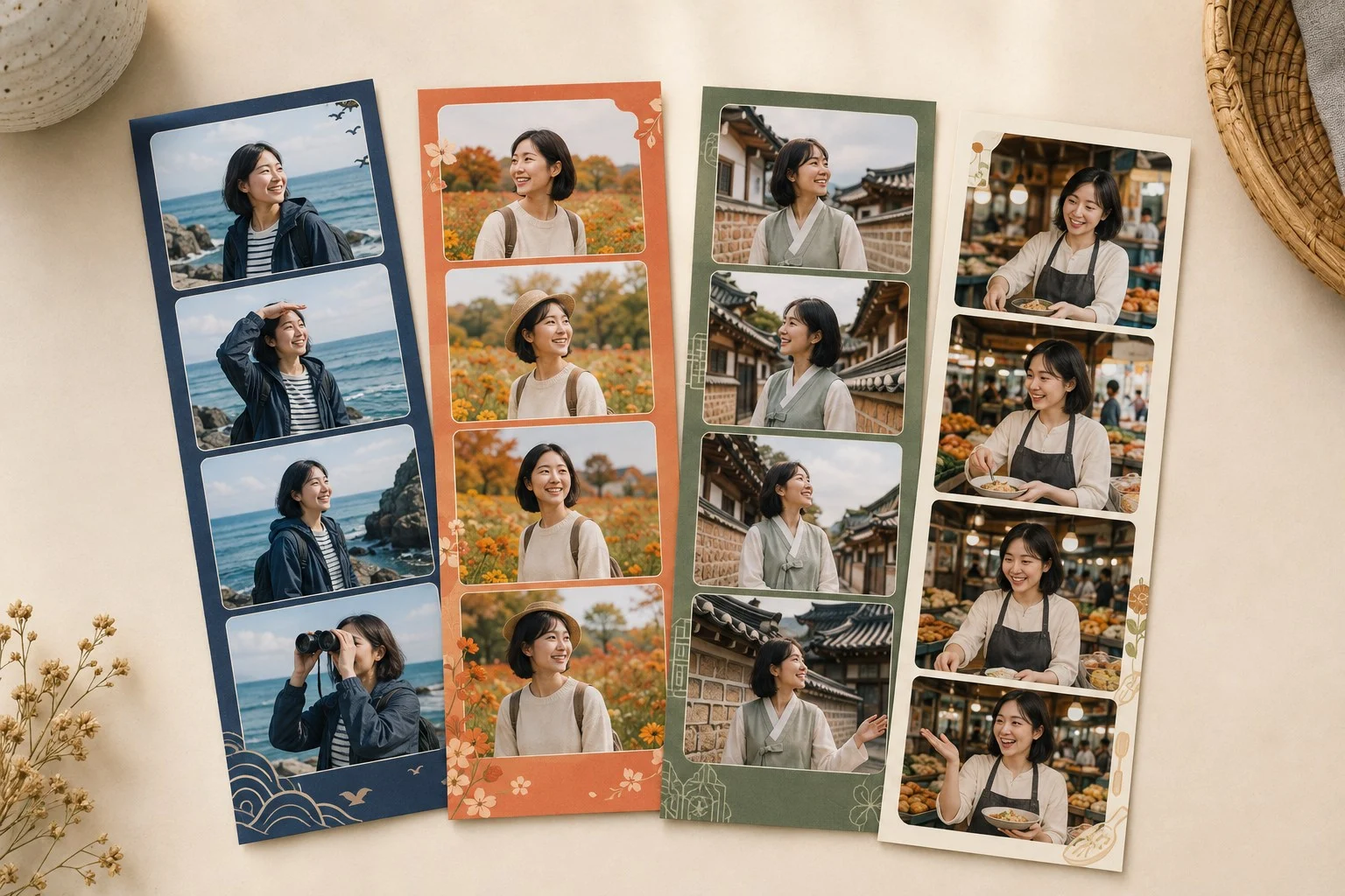 바다, 꽃, 한옥, 시장을 주제로 한 네컷 프레임 시안
